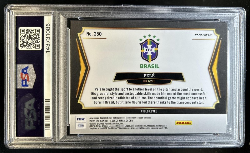 2024-25 Panini Select FIFA Pele Field SP Zebra #250 Brazil PSA 9 view 2