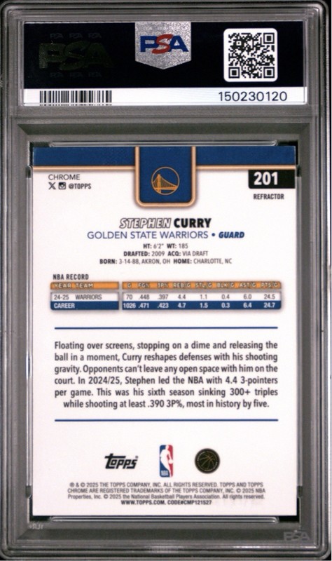 2025-26 Topps Chrome - Stephen Curry #201 Refractor PSA 10 Gem Mint view 2