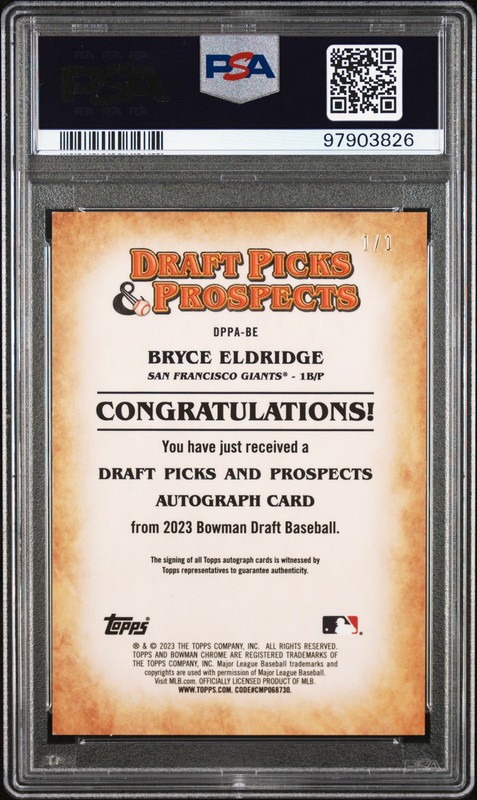 2023 Bowman Draft Picks Bryce Eldridge 1/1 Prospect Auto Superfractor PSA 8 view 2