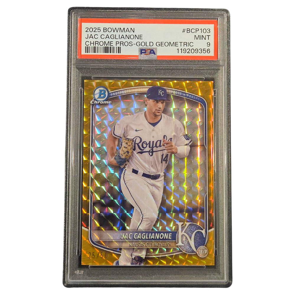 2025 Bowman Jac Caglianone Chrome Prospects Gold Geometric #BCP-103 25/50 PSA 9