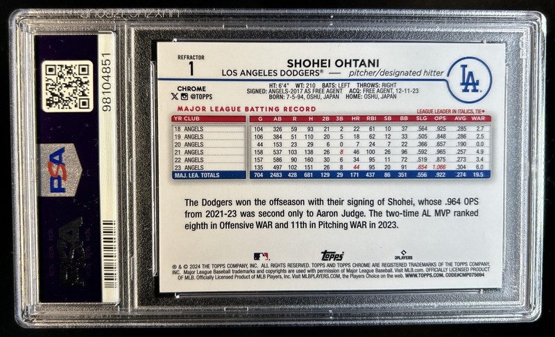 2024 Topps Chrome Shohei Ohtani Refractor #1 Dodgers PSA 10 GEM MINT view 2
