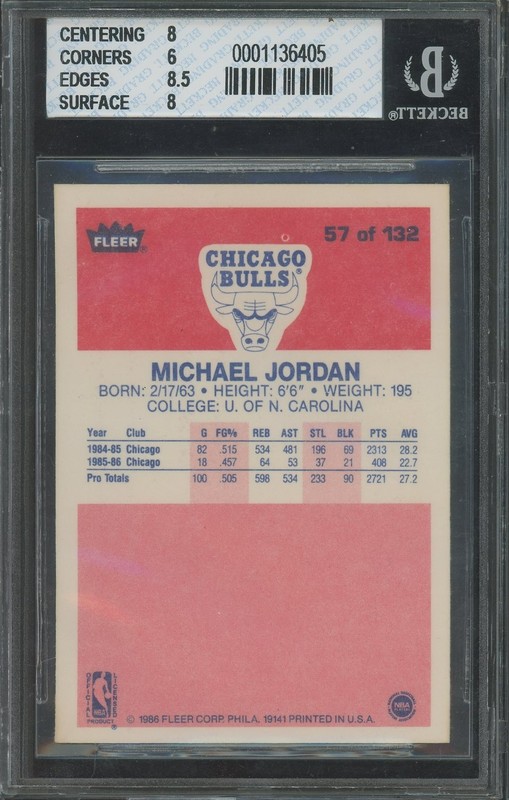 Michael Jordan 1986 Fleer #57 Rookie RC Hall of Fame HOF GOAT BGS 6.5 view 2