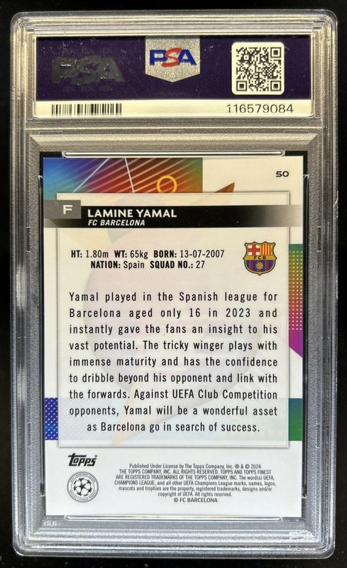 2023-24 Topps Finest UEFA Lamine Yamal RC Sky Blue #/275 Barcelona PSA 10 view 2