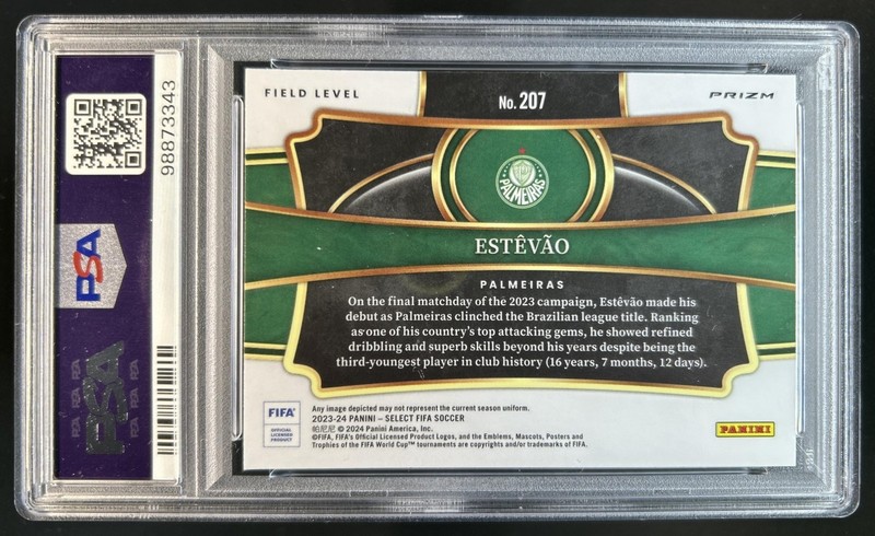 2023-24 Panini Select FIFA Estevao RC Silver Prizm Rookie #207 PSA 10 GEM MINT view 2