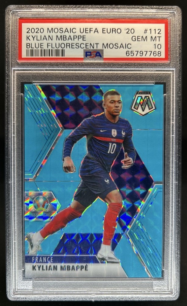 2021 Panini Mosaic UEFA EURO Kylian Mbappe Mosaic Blue Fluorescent #/15 PSA 10