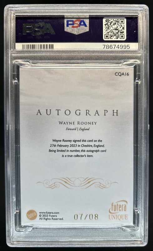 2023 Futera Unique Wayne Rooney Conquerors Sapphire Auto #07/08 PSA 10 Auto 9 view 2