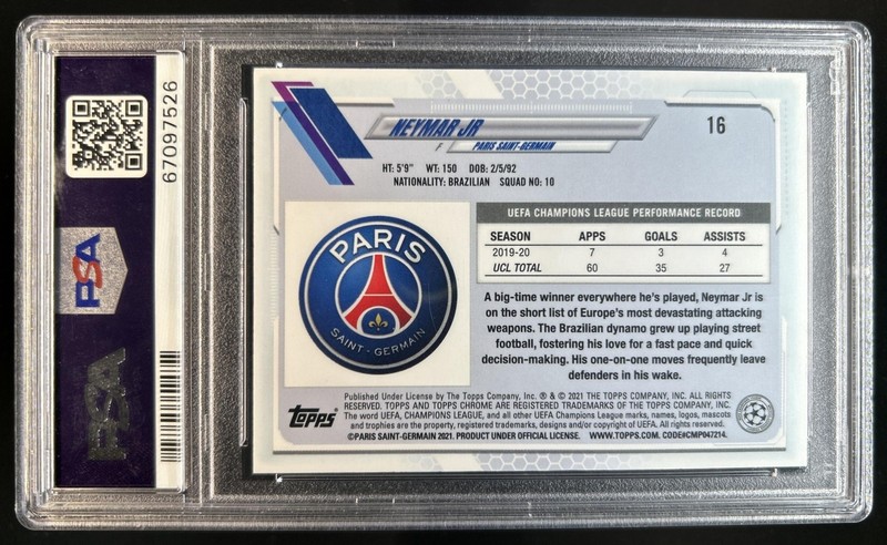 2020 Topps Chrome Sapphire UEFA Neymar Jr #16 PSG PSA 10 GEM MINT view 2