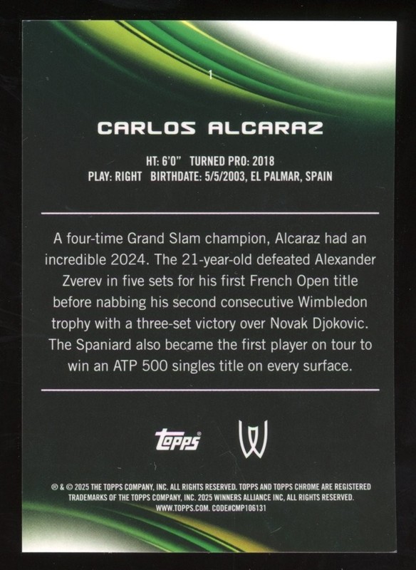 2025 Topps Chrome Tennis Carlos Alcaraz /150 Blue Refractor #1 view 2