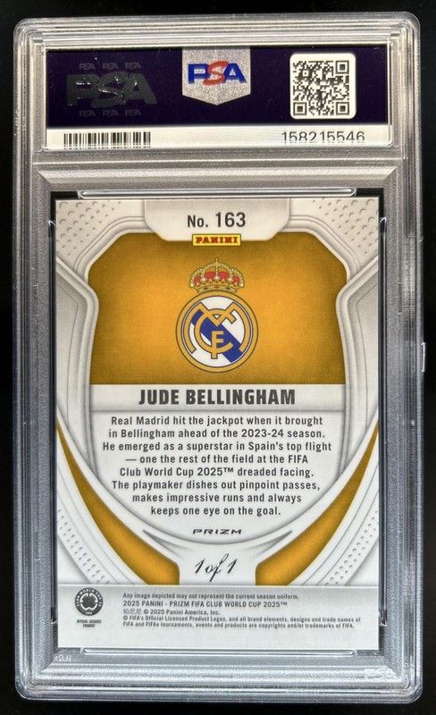 2025 Panini Prizm FIFA Club World Cup Jude Bellingham Gold Vinyl #1/1 PSA 10 view 2
