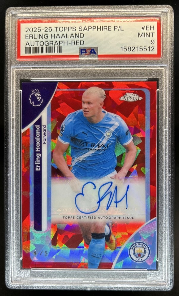 2025-26 Topps Chrome Sapphire EPL Erling Haaland Red Refractor Auto #/5 PSA 9