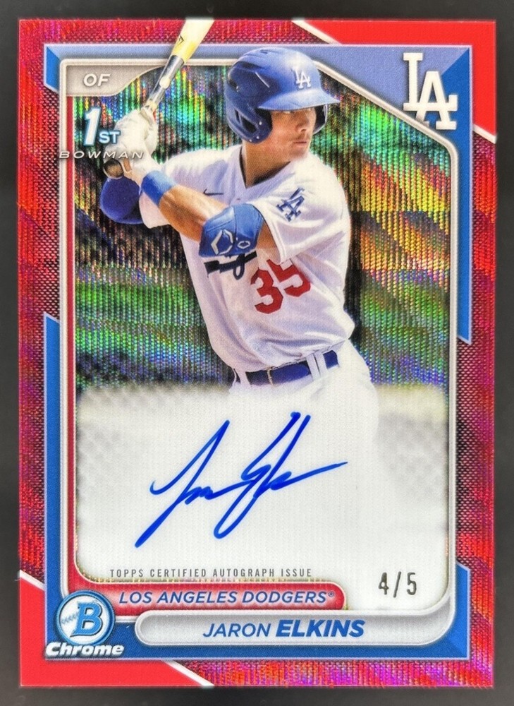 2024 Bowman Chrome Jaron Elkins Auto Red Wave Refractor 1st Prospect #/5 Dodgers
