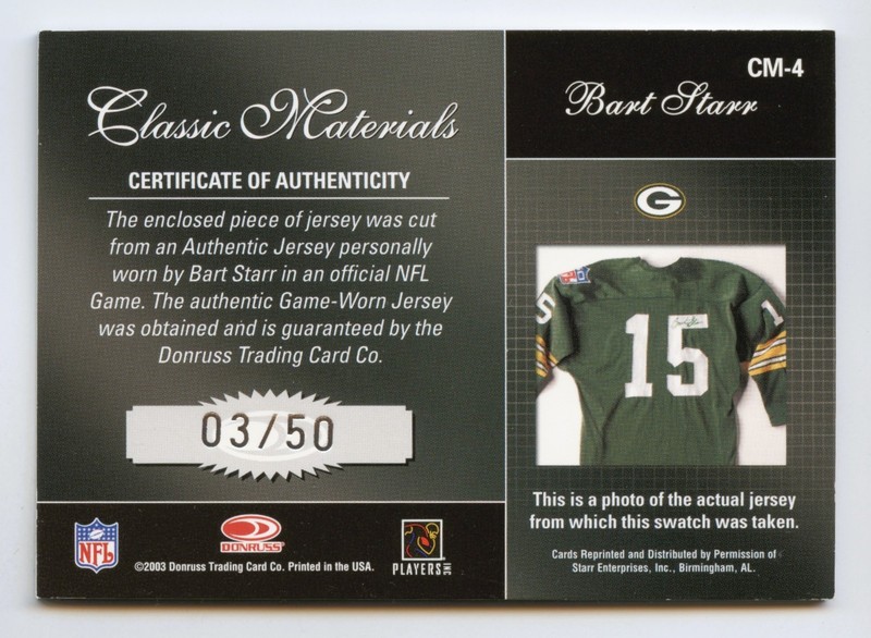 BART STARR 2003 DONRUSS CLASSICS MATERIALS PATCH AUTO AUTOGRAPH /50 *GAME-USED* view 2