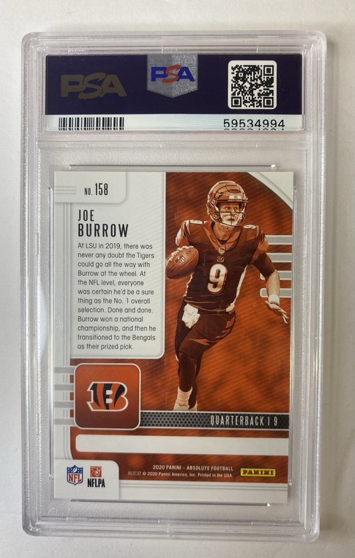 2020 Panini Absolute #158 Joe Burrow Cincinnati Bengals RC Rookie PSA 9 view 2