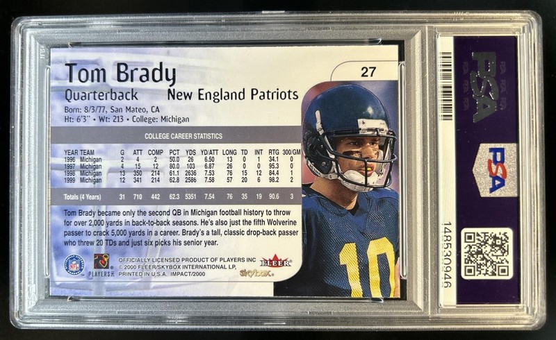 2000 Skybox Impact Tom Brady RC #27 Patriots PSA 8 Rookie view 2