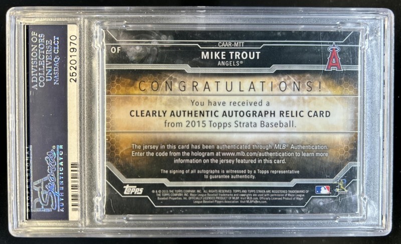 2015 Topps Strata Mike Trout Clearly Authentic Auto Relics Gold Patch #/25 PSA 8 view 2