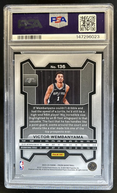 2023-24 Panini Prizm Victor Wembanyama RC Rookie #136 Spurs PSA 10 GEM MINT view 2