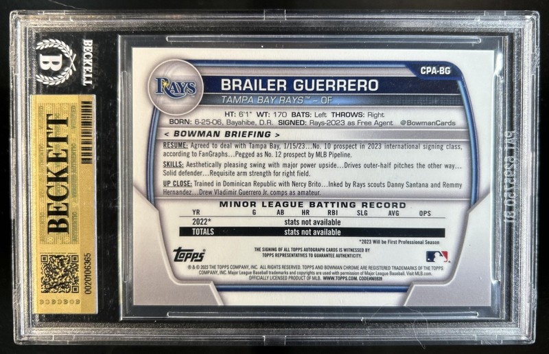 2023 Bowman Chrome Brailer Guerrero Auto Shimmer Orange 1st #/25 BGS 9.5 Auto 10 view 2