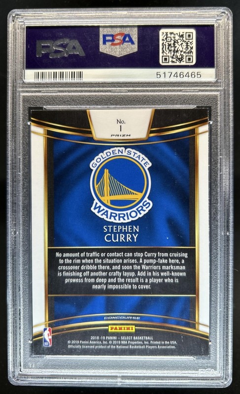 2018-19 Panini Select Stephen Curry Zebra Prizm SSP Concourse #1 Warriors PSA 9 view 2