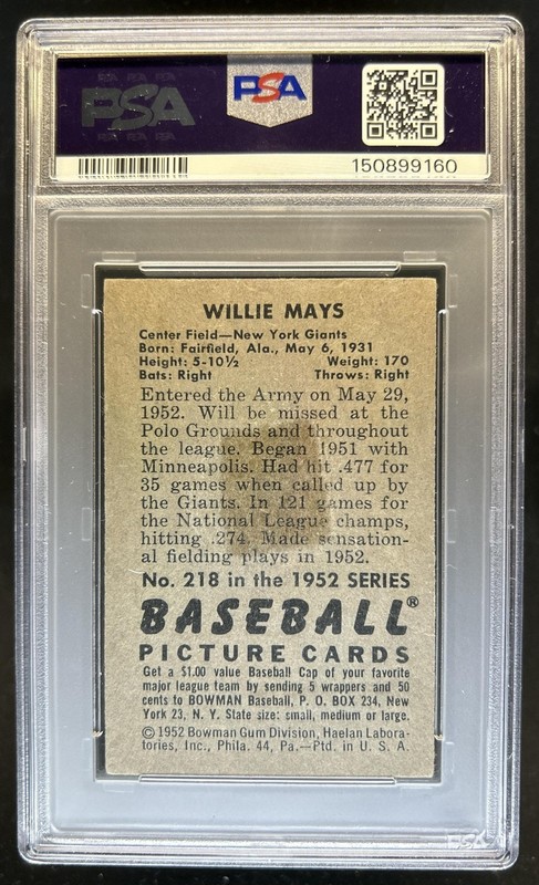 1952 Bowman Willie Mays #218 Giants PSA 2 view 2