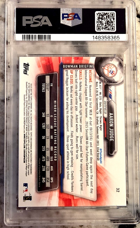 AARON JUDGE 2017 Bowman base #32 Rookie RC; *PSA 9 MINT* view 2