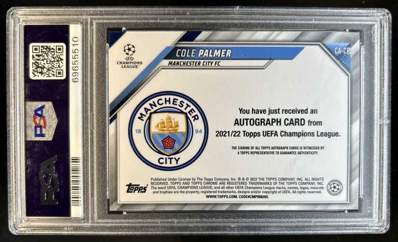 2021 Topps Chrome UEFA Cole Palmer Auto RC Rookie #CA-CP Man City PSA 9 view 2