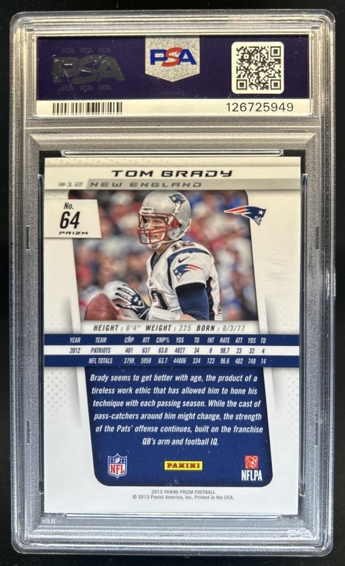 2013 Panini Prizm Tom Brady Prizm Blue #64 Patriots PSA 8 view 2