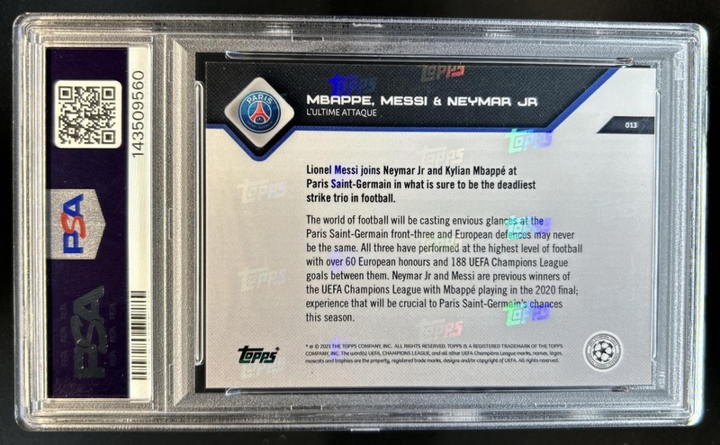 2021-22 Topps Now UEFA Messi Mbappe Neymar #13 PSA 9 view 2