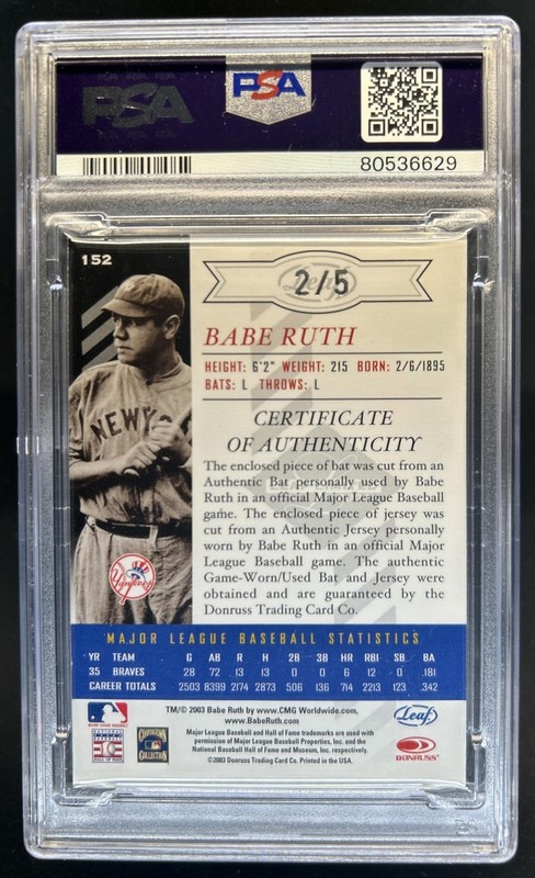 2003 Leaf Limited Babe Ruth TNT #/5 Yankees PSA 6 view 2