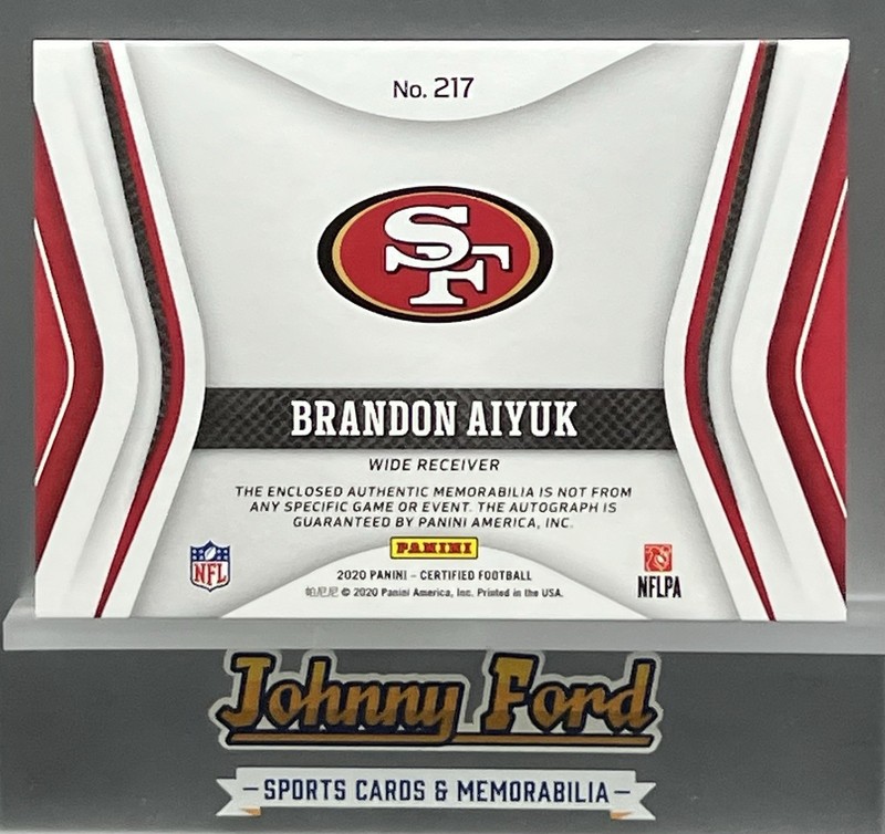 Brandon Aiyuk 2020 Panini Certified Freshman Fabric Patch RC Auto #217/299 #217 view 2