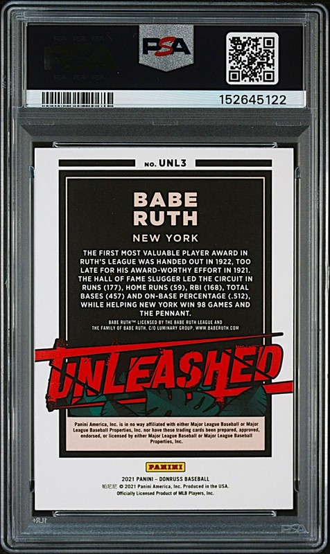 2021 Panini Donruss Babe Ruth Rapture Parallel UNLEASHED Insert #UNL-3!  PSA 10! view 2