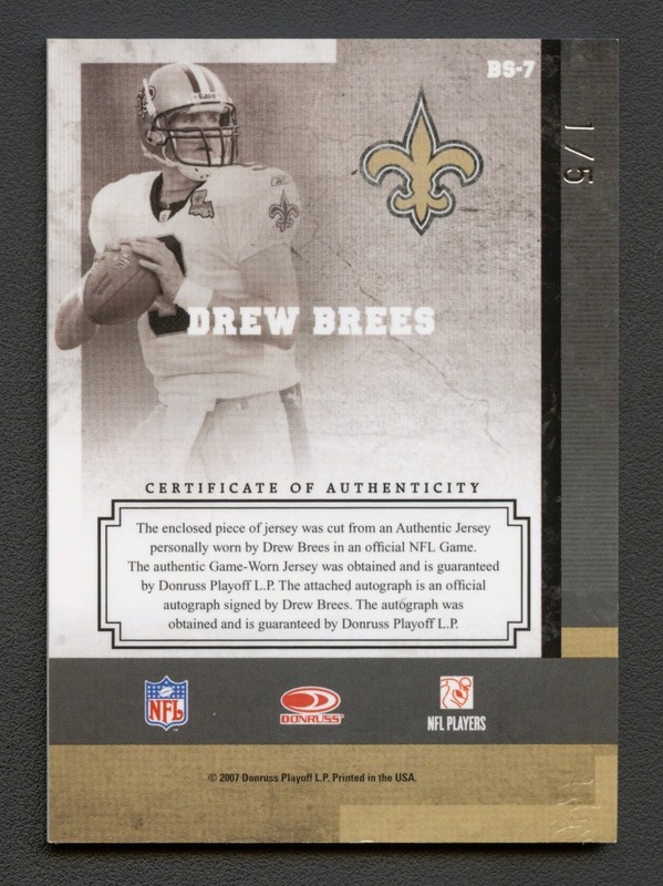 DREW BREES 2007 LIMITED BANNER SEASON PRIME PATCH AUTO AUTOGRAPH #1/5 GAME-USED view 2