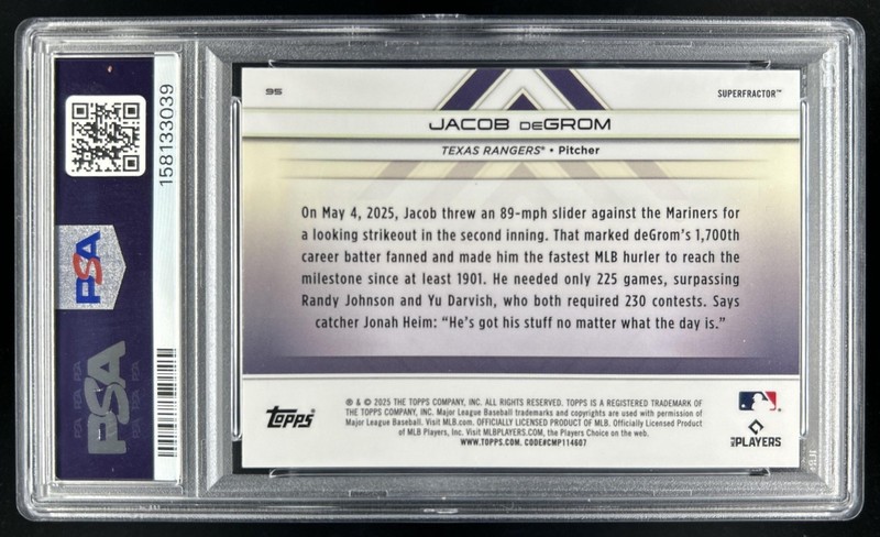 2025 Topps Transcendent Jacob deGrom Icons Chrome SP SuperFractor #1/1 PSA 10 view 2