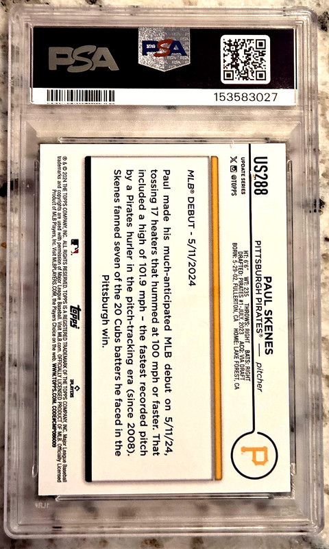 PAUL SKENES 2024 Topps Update #US288 Rookie RC; *PSA 9 MINT* flawless new slab view 2