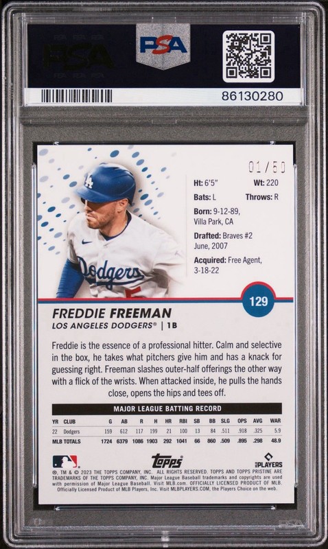 2023 Topps Pristine - Freddie Freeman #129 Gold Refractor /50. PSA 10. view 2