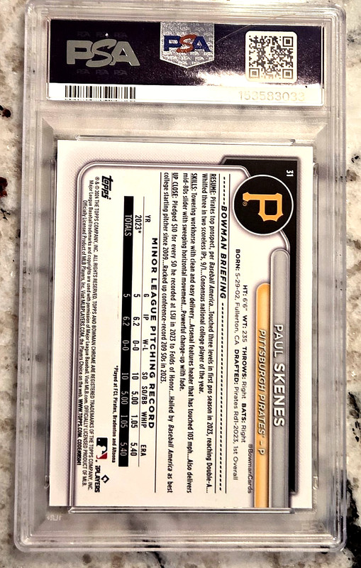 PAUL SKENES 2024 Topps Bowman Chrome #31 Rookie RC; *PSA 9 MINT* flawless slab view 2
