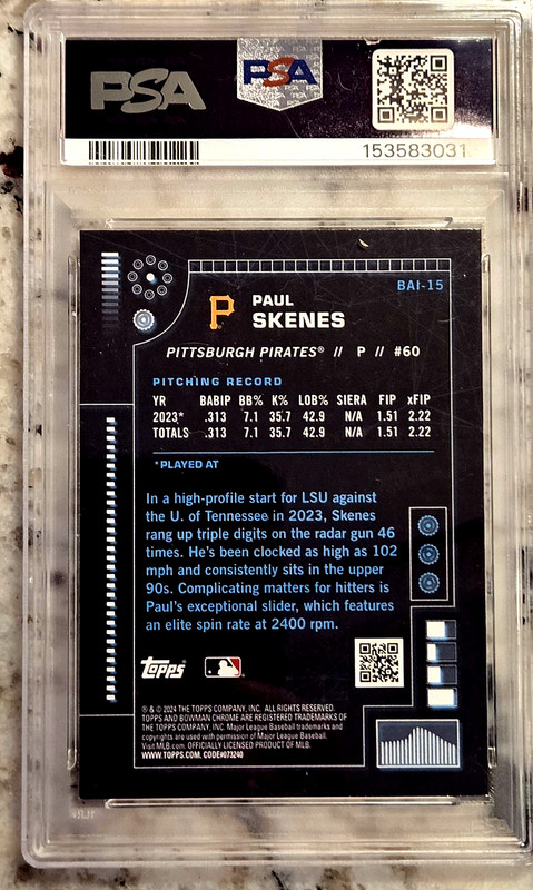 PAUL SKENES 2024 Topps Bowman Chrome {AI} Rookie RC; *PSA 9 MINT* flawless slab view 2