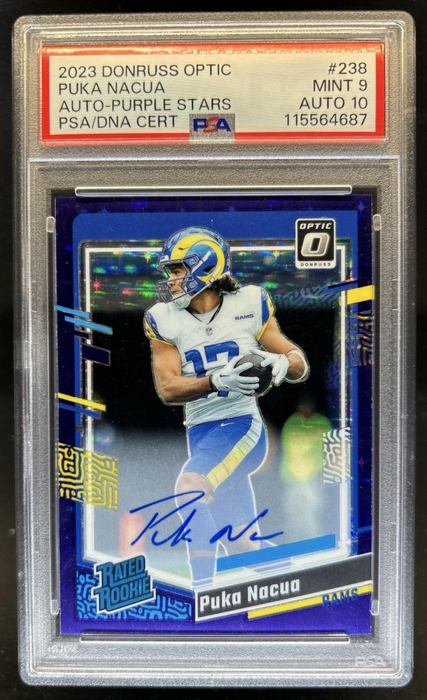 2023 Donruss Optic Puka Nacua Rated Rookie Auto Purple Stars RC #/50 PSA 9/10