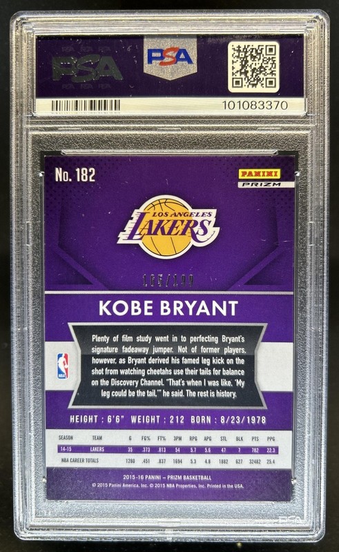 2015-16 Panini Prizm Kobe Bryant Light Blue Prizm #/199 Lakers PSA 9 view 2