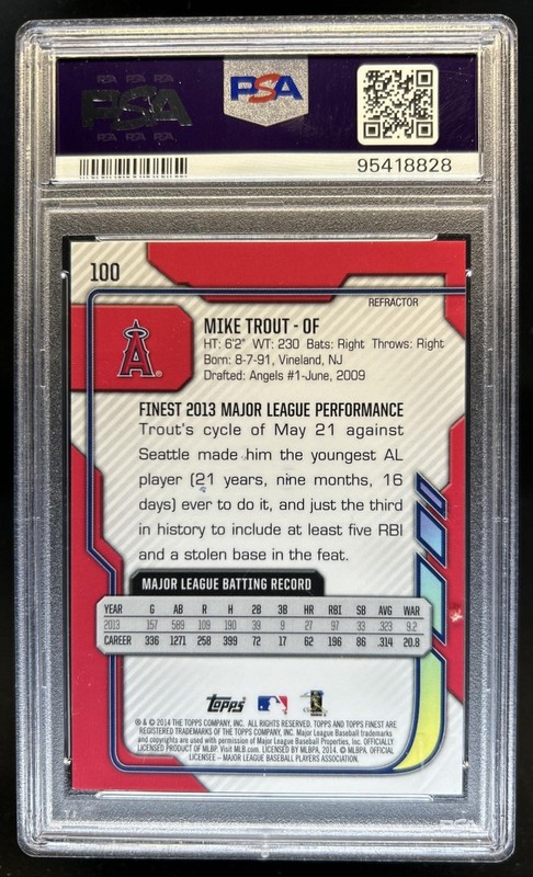 2014 Topps Finest Mike Trout Refractor Blue #/125 Angels PSA 9 view 2