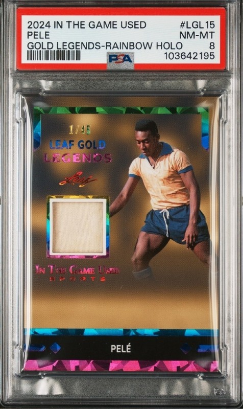 2024 Leaf In The Game Gold Legends Rainbow 1/45 Patch Pele #LGL-15 PSA 8 POP 1 view 2