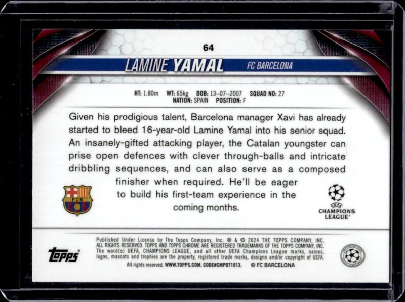 2023-24 Topps Chrome UEFA Lamine Yamal RC Rookie #64 Barcelona view 2