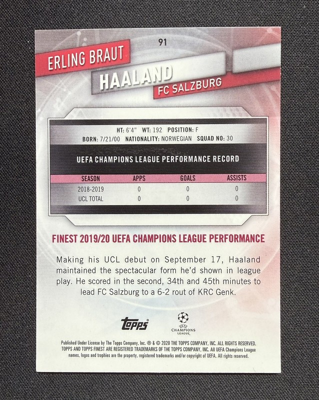 2019-20 Topps Finest UEFA Champions League - Erling Haaland #91 (RC) - Rookie view 2