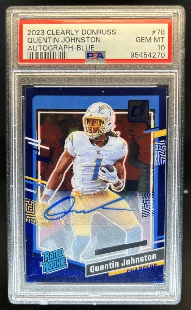 2023 Clearly Donruss Quentin Johnston Rated Rookie Auto Blue RC #/99 PSA 10