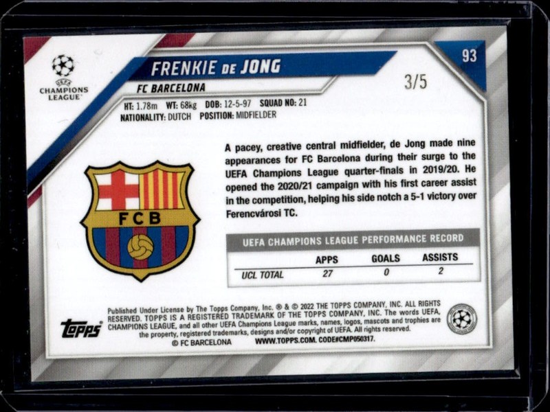 2021 Topps Chrome Sapphire UEFA Frenkie de Jong Red #/5 Barcelona view 2