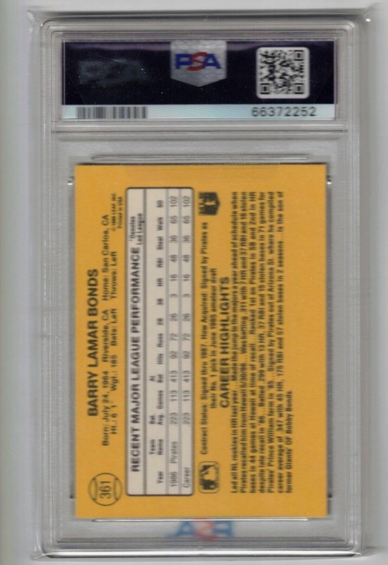 1987 DONRUSS #361 BARRY BONDS RC - PSA 9 - DEAD CENTERED view 2