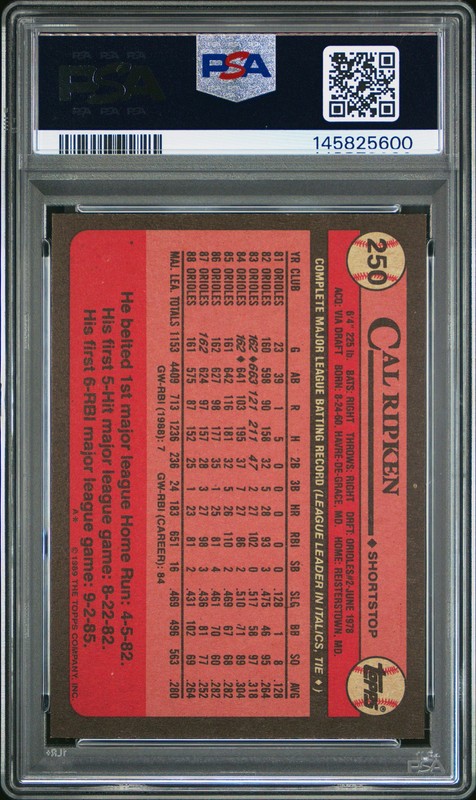1989 Topps #250 Cal Ripken Jr. PSA 9 view 2