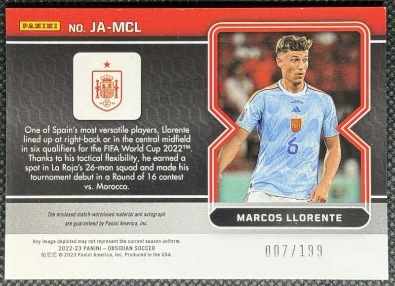 2022-23 Panini Obsidian Marcos Llorente AUTO MATCH WORN PATCH /199 #JA-MCL Spain view 2