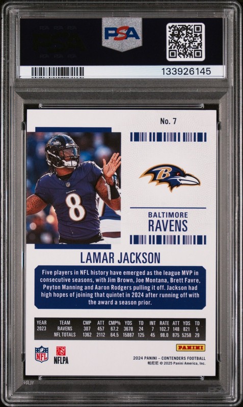 2024 Panini Contenders Cracked Ice #7 Lamar Jackson /25 PSA 9 MINT RAVENS MVP view 2
