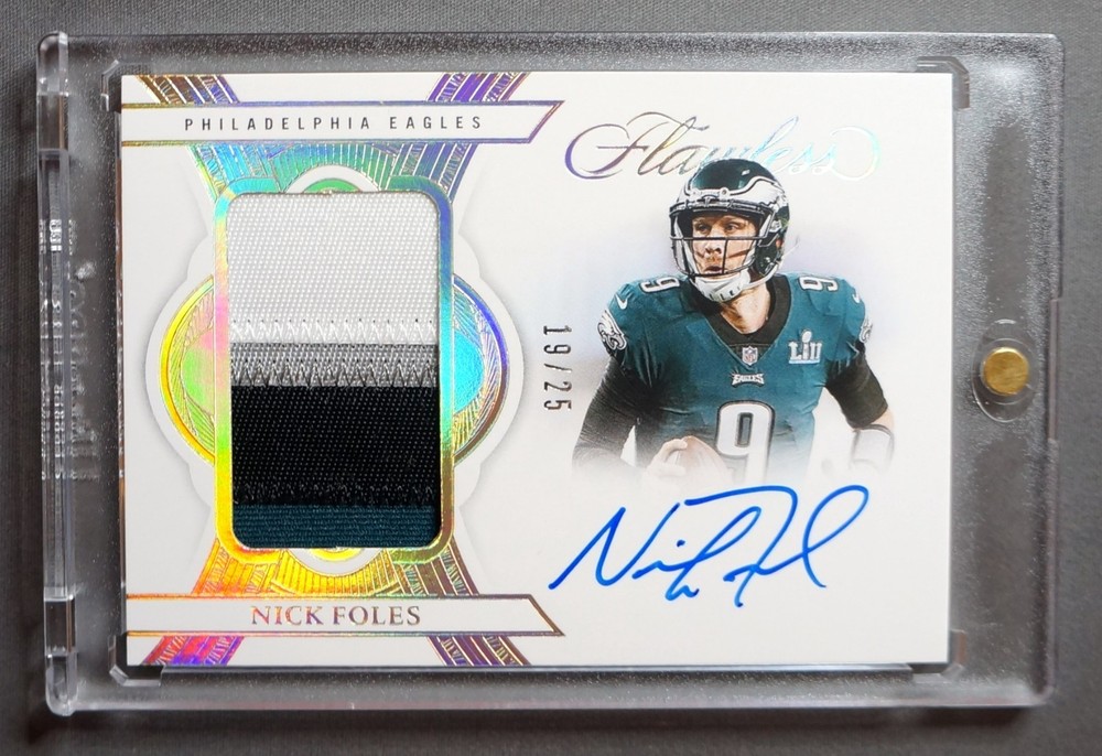 /25 NICK FOLES 2025 PANINI FLAWLESS 4-COLOR PATCH AUTO EAGLES SUPER BOWL LII SSP