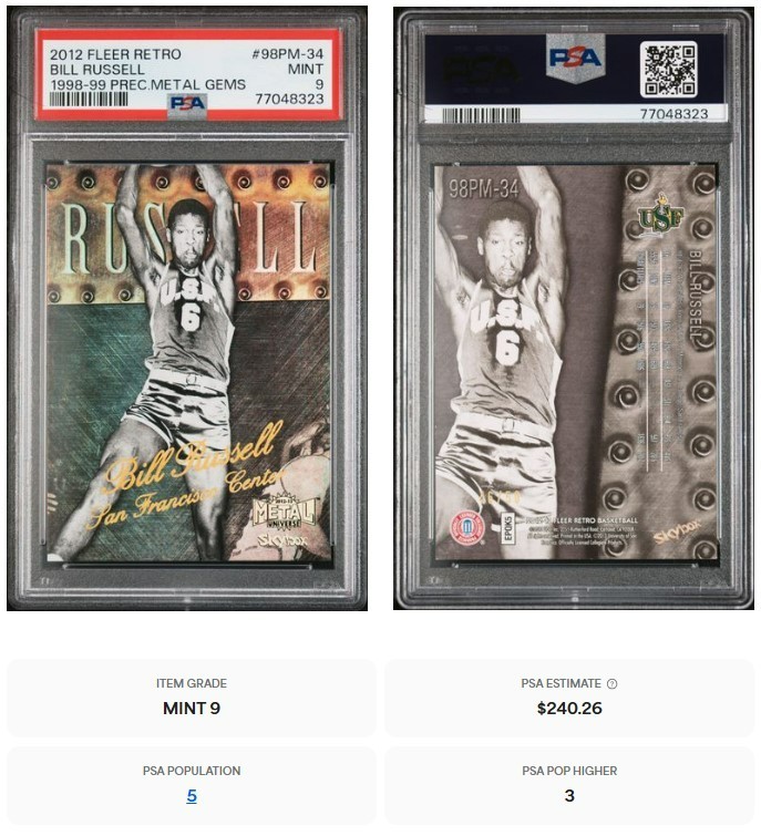 BILL RUSSELL 2012 Fleer Retro /50 PRECIOUS METAL GEMS GOLD REFRACTOR PSA 9 SSP